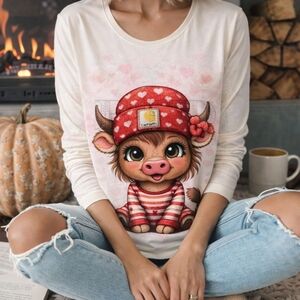 Valentines Cow Graphic Long Sleeve Shirt